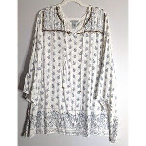 Catherines Top Boho Tunic Blouse 3/4 Sleeve White and Blue Tie Front Size 3X